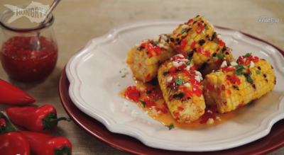 Grilled Corn with Sweet Chili Pepper Jam and Queso Fresco 